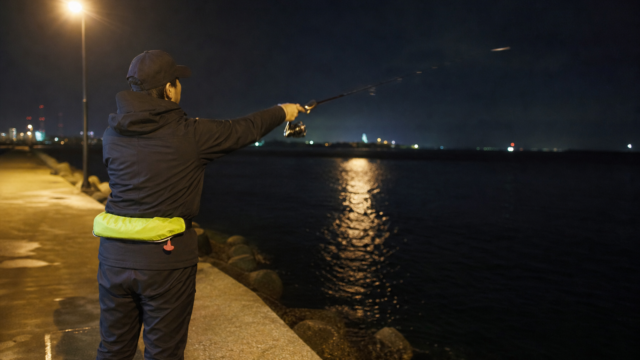 夜の堤防でシーバスをルアー釣りする様子。常夜灯が水面を照らしている