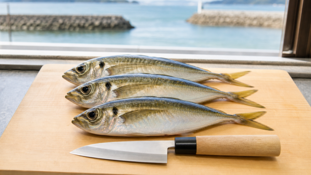 まな板に置かれたアジ切包丁と釣れたての新鮮な小アジ