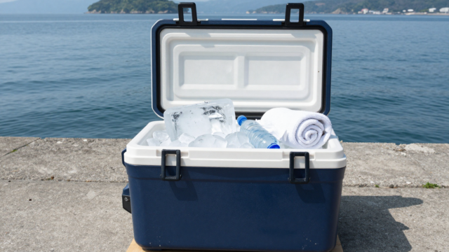 夏の堤防に置かれた釣り用クーラーボックスと板氷