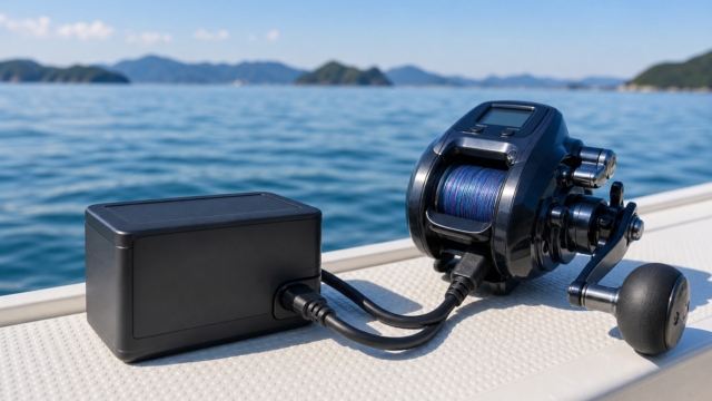 瀬戸内海の船上に置かれた電動リール用のリチウムバッテリーと電動リール。晴れた日の海を背景にした物撮り風の一枚