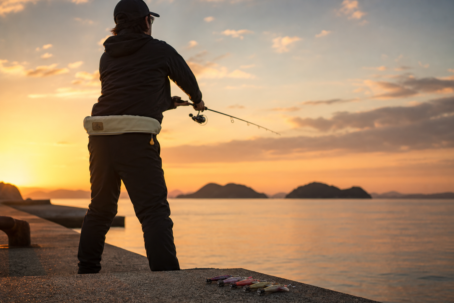 夕まずめの瀬戸内海の堤防でエギングロッドを構える釣り人。足元にはエギがいくつか並び、遠くに島影が見える