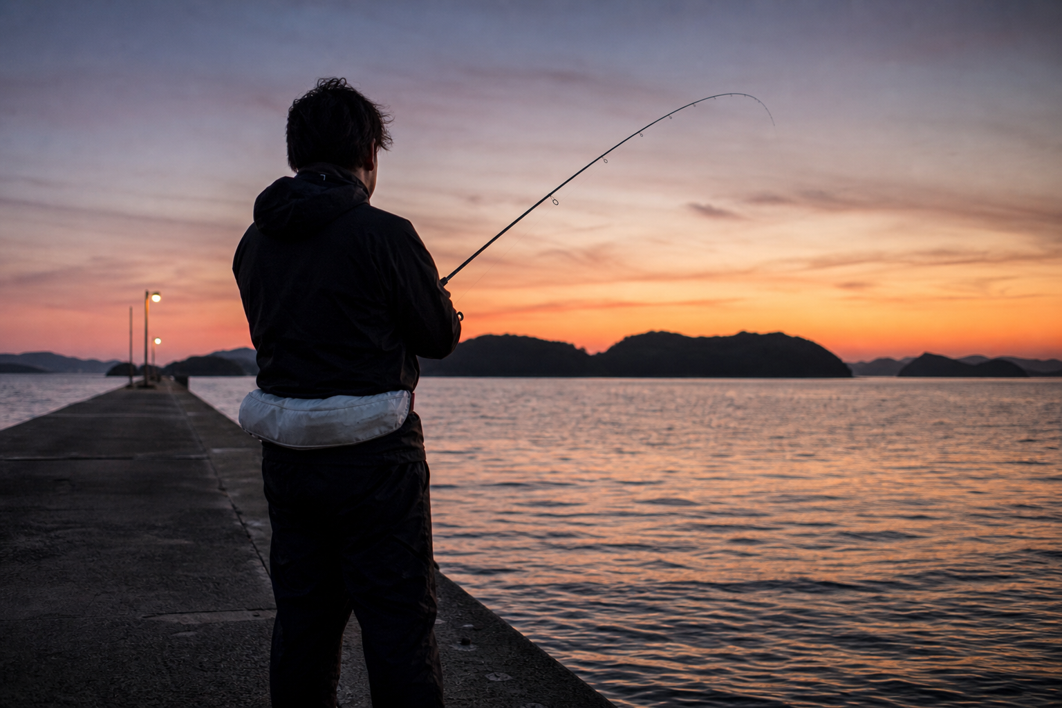 夕暮れの瀬戸内海の堤防でタチウオを狙う釣り人