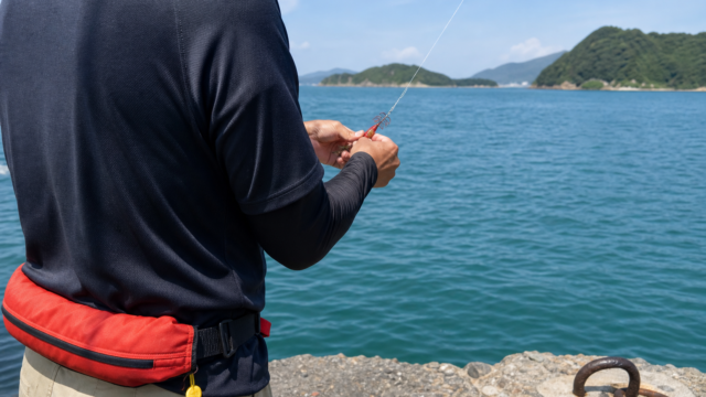 夏の堤防でタコエギを操作してマダコを狙う釣り人の手元と瀬戸内の海