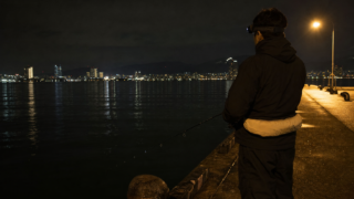 夜の広島湾岸壁で常夜灯の明かりに照らされながらシーバスロッドを構える釣り人の後ろ姿