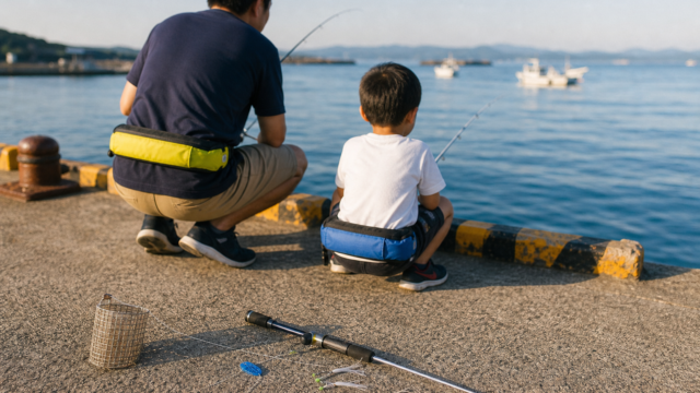 夏の堤防で親子がサビキ釣りを楽しむ情景。手前にサビキ仕掛けとコマセカゴ