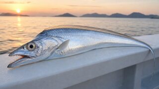 夜明けの船上、白い舷側に置かれた釣り上げたばかりの良型タチウオ