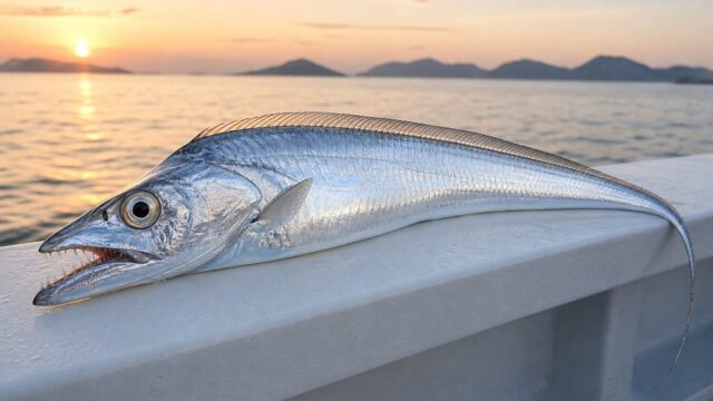 夜明けの船上、白い舷側に置かれた釣り上げたばかりの良型タチウオ