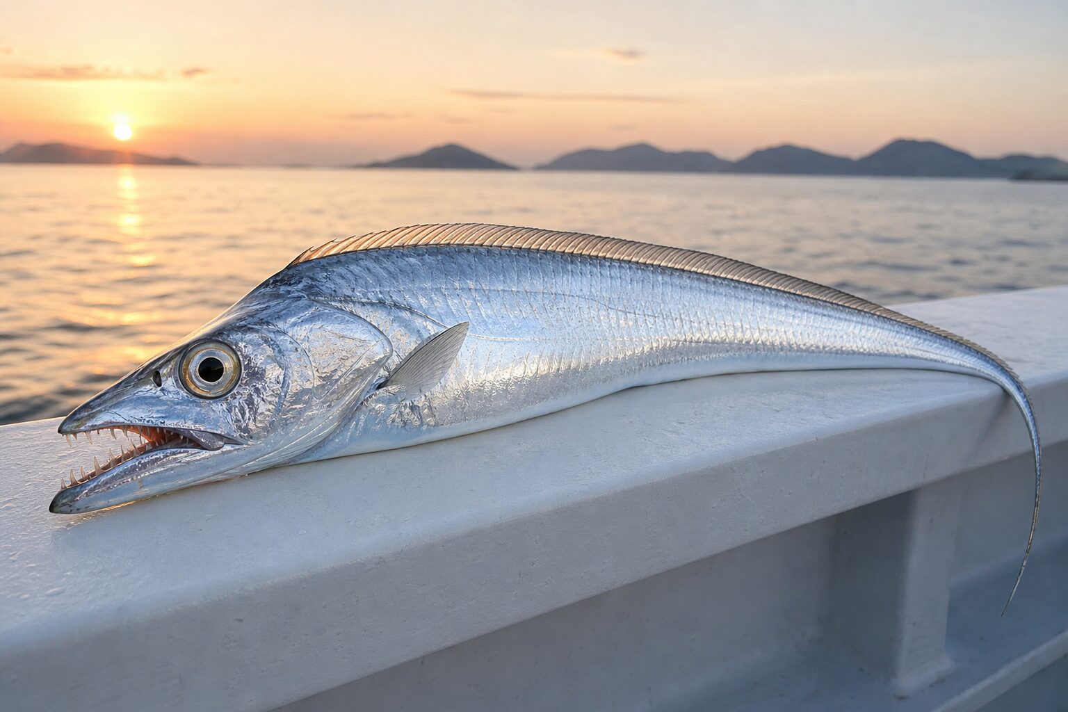 夜明けの船上、白い舷側に置かれた釣り上げたばかりの良型タチウオ