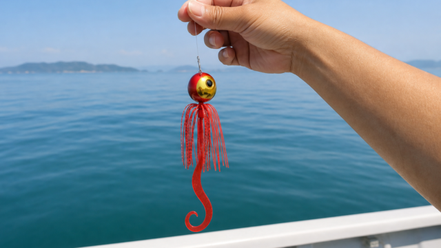 船上で瀬戸内海を背景に手に持つタイラバ（赤×金ヘッド・赤スカート）の仕掛け