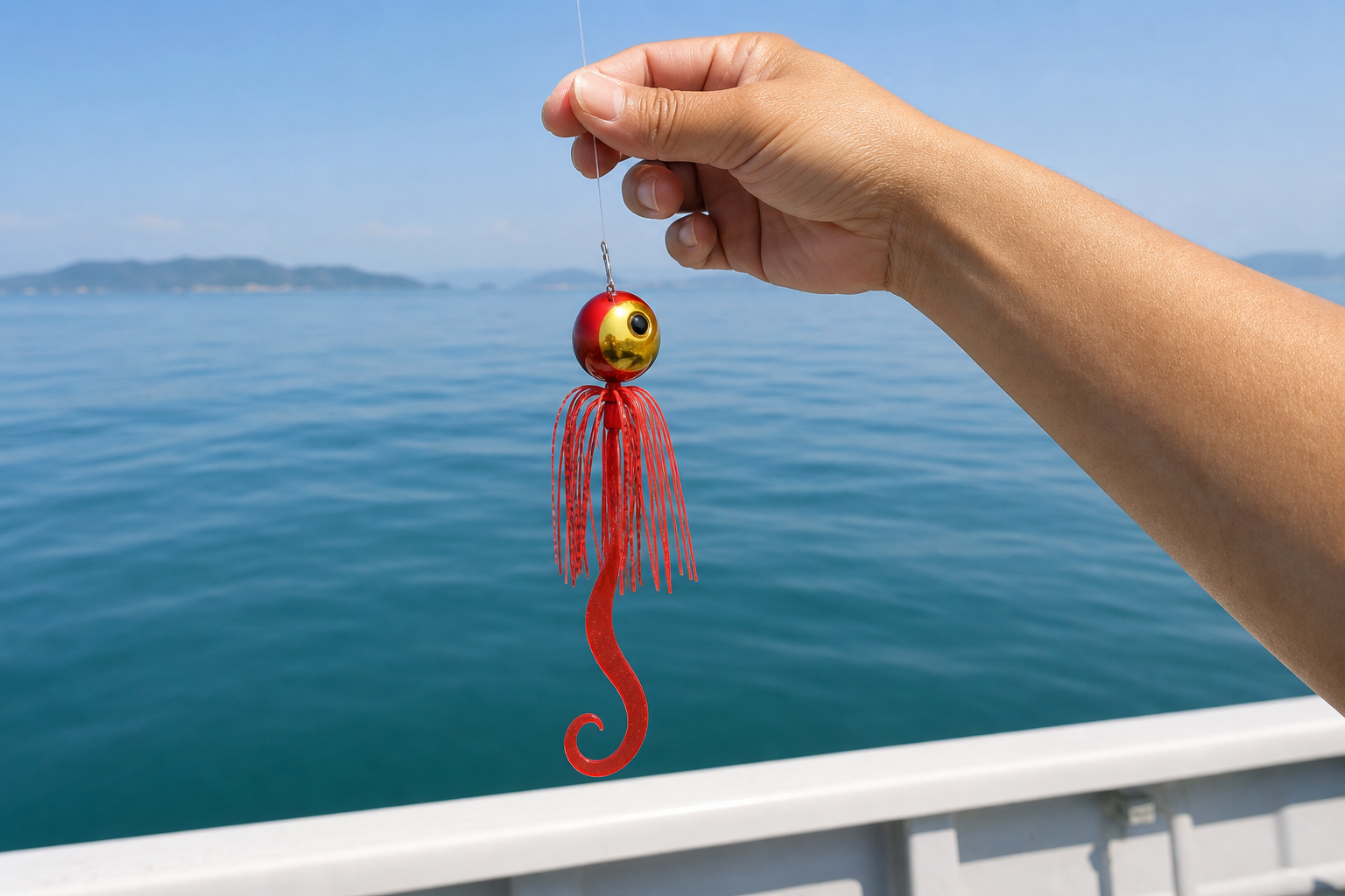 船上で瀬戸内海を背景に手に持つタイラバ（赤×金ヘッド・赤スカート）の仕掛け