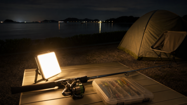 夜の海辺のキャンプサイトで釣り道具のそばに置かれた充電式LEDランタン
