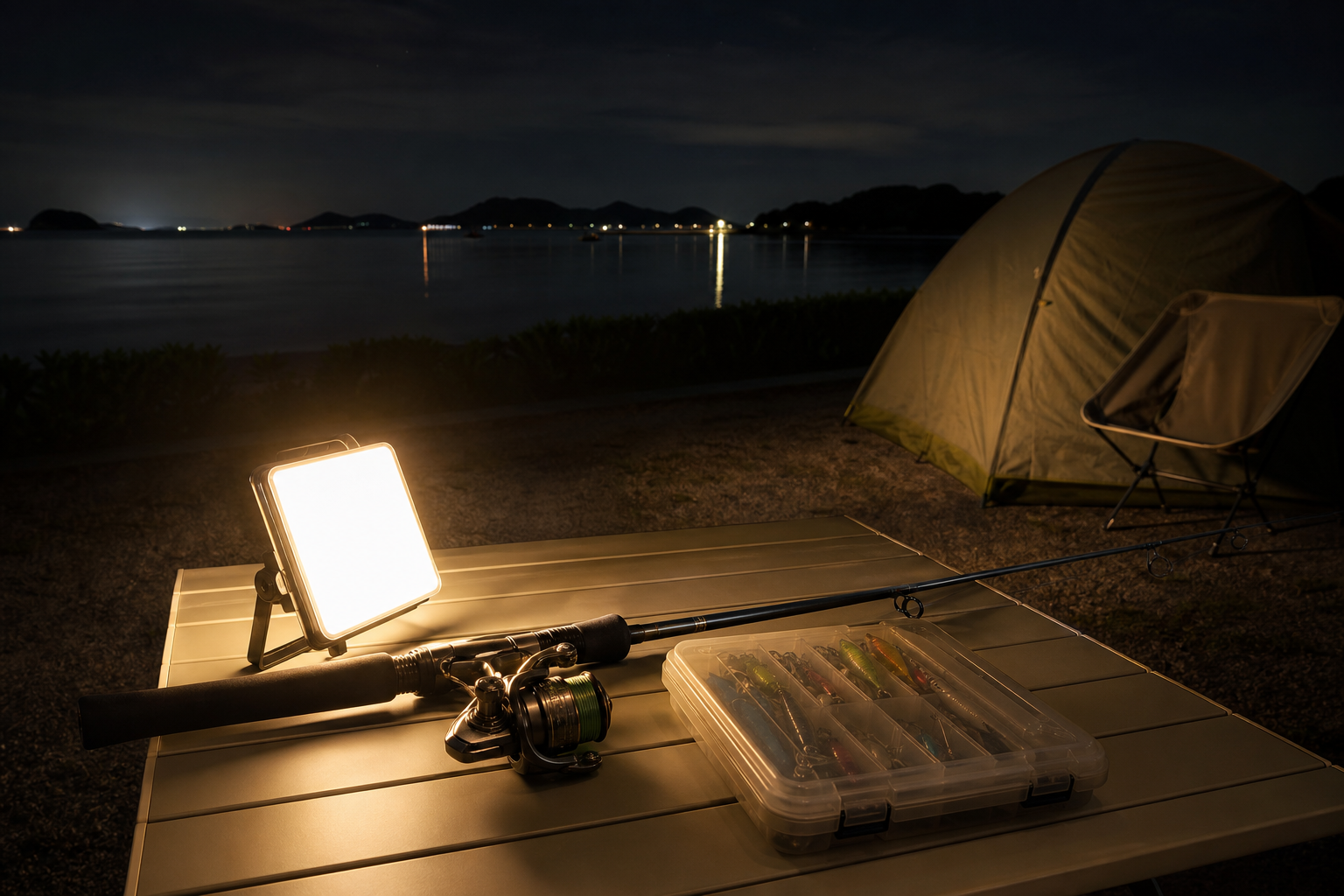 夜の海辺のキャンプサイトで釣り道具のそばに置かれた充電式LEDランタン