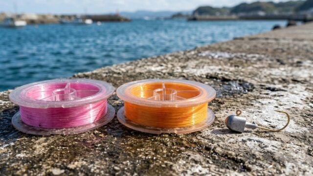 堤防のコンクリートに置かれたピンクとオレンジのエステルラインのスプール2個と、丸型ジグヘッド1個。奥に漁港と海