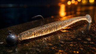 夜の堤防で常夜灯に照らされた、ジグヘッドに装着した半透明のアジング用ワームの寄り写真