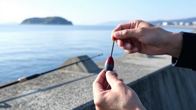 朝の堤防で、円錐ウキを通した道糸にウキ止めを結ぶ釣り人の手元。奥に磯竿と海