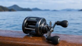 日中の瀬戸内海を背に、遊漁船の船べりに置かれたICカウンター付きの小型ベイトリール