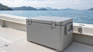 朝の瀬戸内海、小型船の白い甲板に置かれた横長の大型クーラーボックス