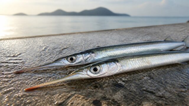 秋の朝、堤防の濡れたコンクリートに並べた2尾のサヨリ。下あごが針状に細く伸びている。背景に瀬戸内海と島影