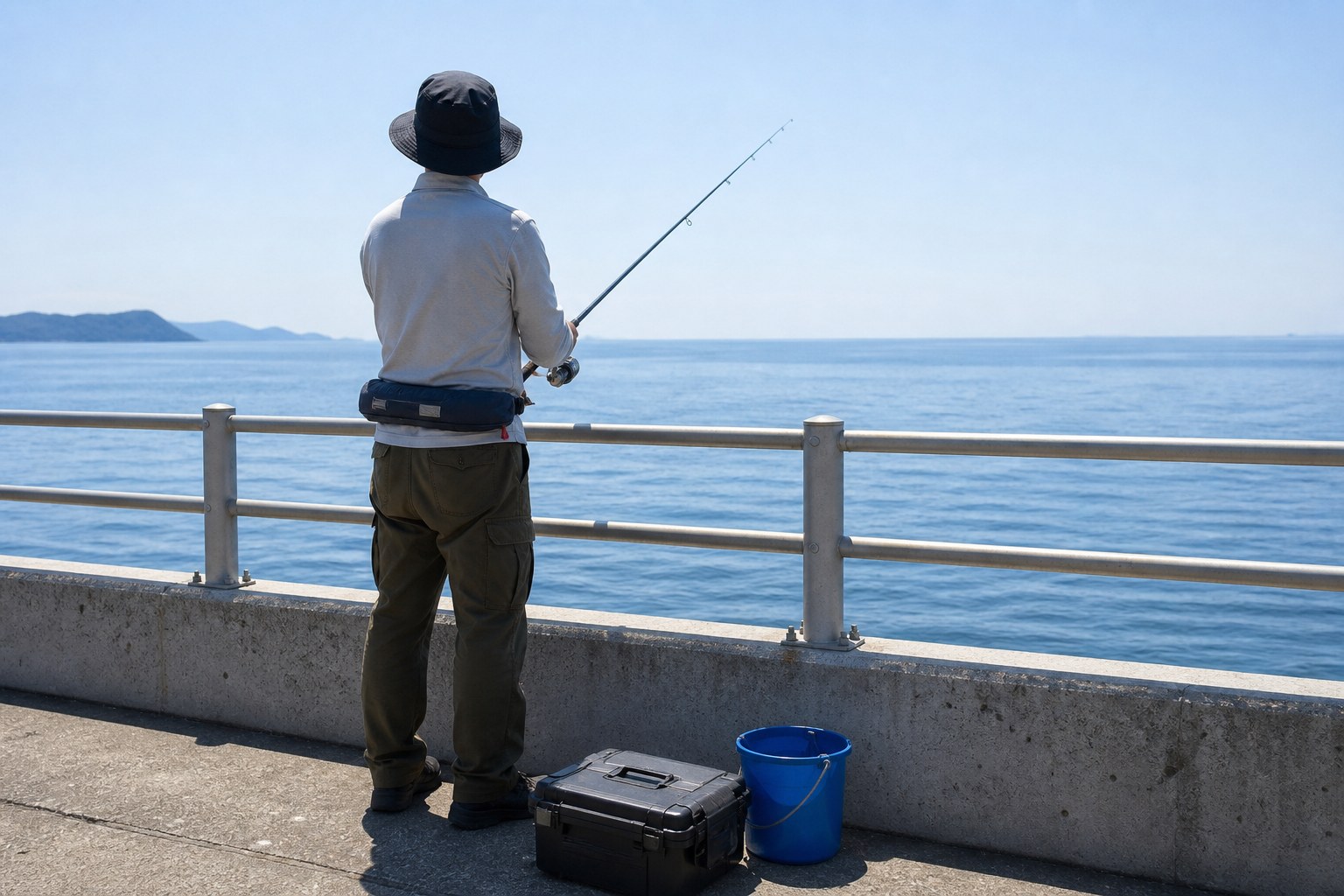 腰巻きタイプのライフジャケットを着けて堤防で釣りをする男性の後ろ姿