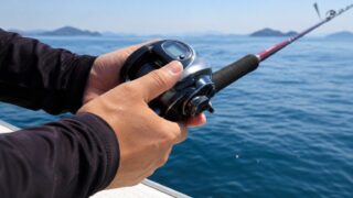 日中の遊漁船の船べりで、小型電動リールを載せた船竿を握る釣り人の手元
