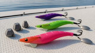 瀬戸内海の遊漁船のデッキに置かれた3本のタコエギと六角オモリ、船タコ用ロッドの穂先