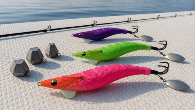 瀬戸内海の遊漁船のデッキに置かれた3本のタコエギと六角オモリ、船タコ用ロッドの穂先