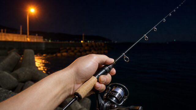常夜灯に照らされた夜の堤防で、アジングロッドのグリップとリールシートを握る手元