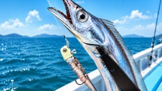 船から狙うタチウオがテンヤに掛かり水面に上がってきた瞬間