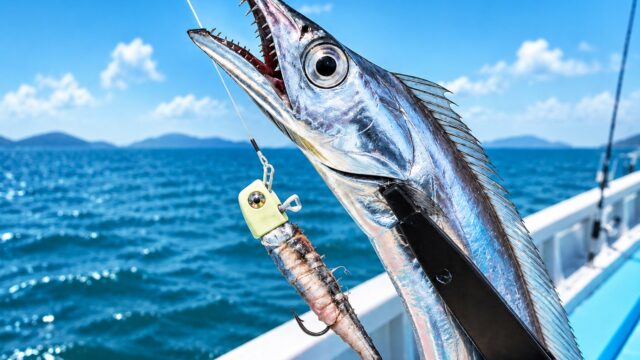 船から狙うタチウオがテンヤに掛かり水面に上がってきた瞬間