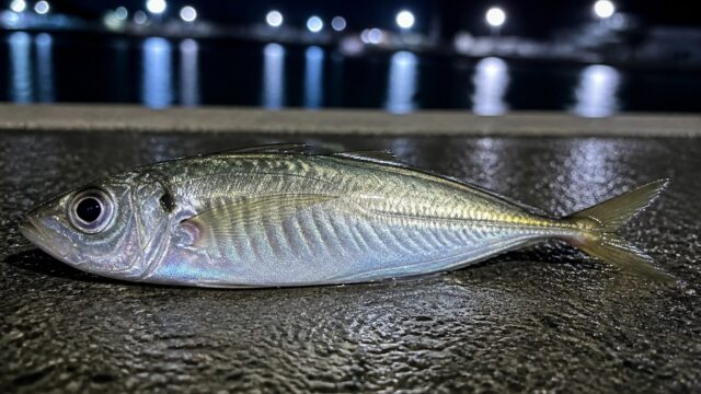 夜の漁港。常夜灯に照らされた濡れたコンクリートの岸壁に横たわる、釣り上げたばかりの1尾のアジを、地面すれすれのローアングルから寄って写した写真