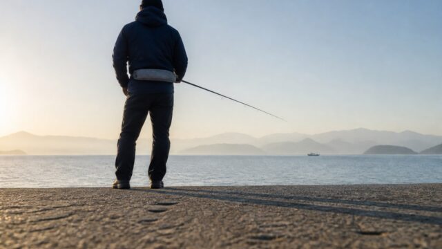 朝の江田島の護岸で、腰に救命具を着けた釣り人が瀬戸内の海に向かって竿を出している後ろ姿を、足元のコンクリート面に近いローアングルから中景で写した写真