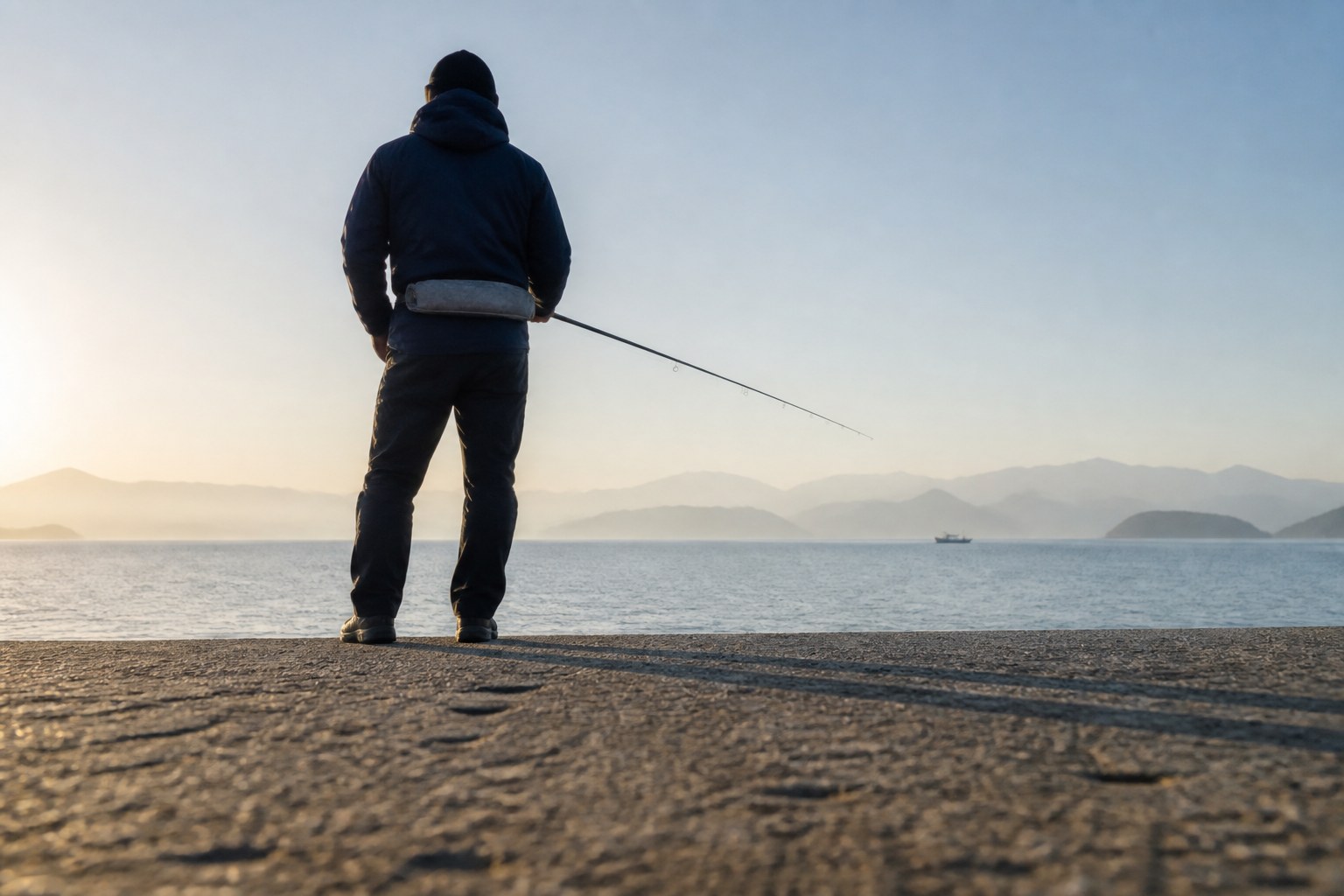 朝の江田島の護岸で、腰に救命具を着けた釣り人が瀬戸内の海に向かって竿を出している後ろ姿を、足元のコンクリート面に近いローアングルから中景で写した写真