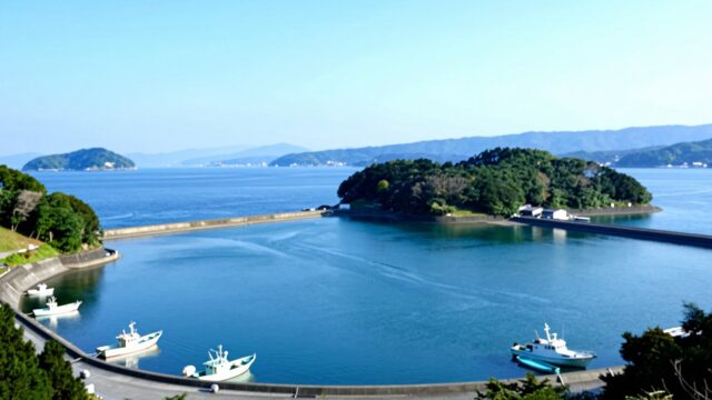 朝の呉の海。島と本土に挟まれた狭い水道と両岸の護岸を、高い位置から見下ろした引きの風景