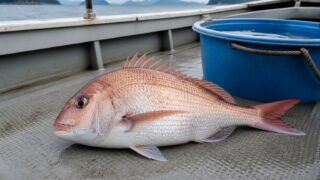 日中の遊漁船のデッキで、海水を張ったバケツの横に横たわる血抜きを終えたマダイを、デッキと同じ高さから写した中景写真