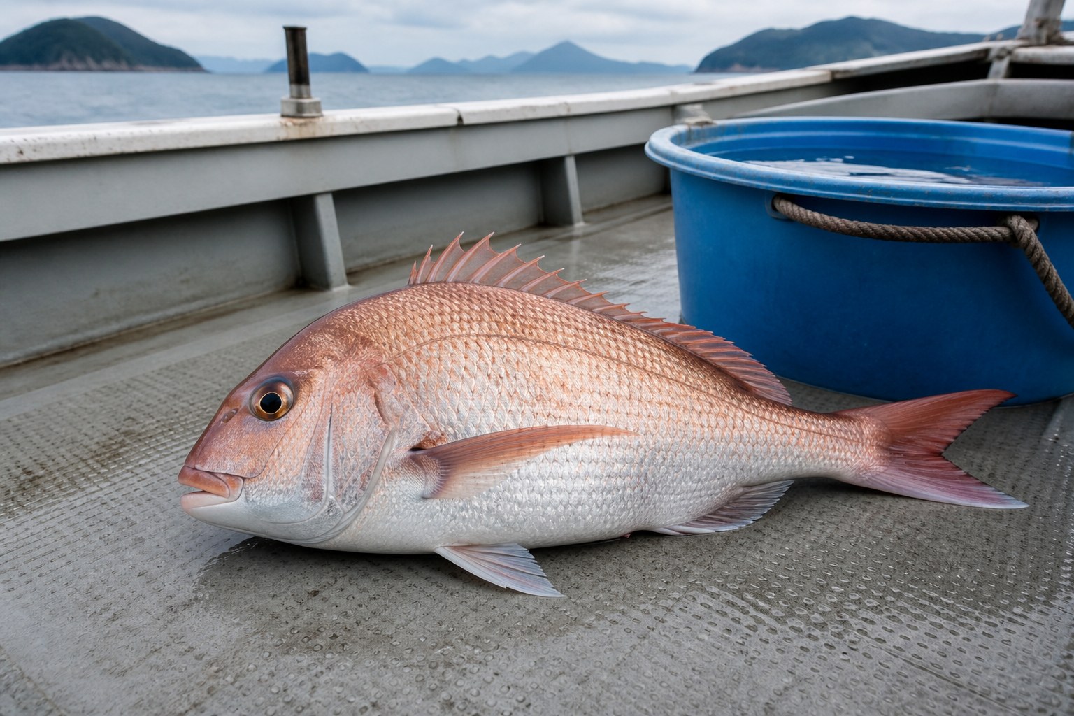 日中の遊漁船のデッキで、海水を張ったバケツの横に横たわる血抜きを終えたマダイを、デッキと同じ高さから写した中景写真