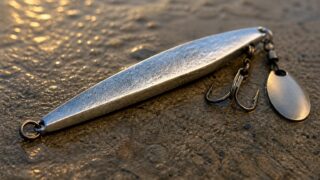 夕方の光が差す濡れたコンクリートの上に置かれた、後方に金属のブレードが付いた小型のメタルジグを、真横から寄って写したマクロ写真