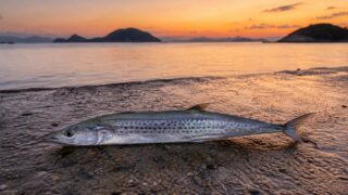 夕暮れの瀬戸内の堤防のコンクリートに横たわる、釣り上げたばかりのサゴシ1尾を低い位置から写した写真
