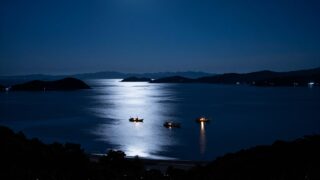 夜の瀬戸内海を高い位置から見下ろした引きの風景。停泊する漁船の灯りと月明かりの海面、遠くに島影
