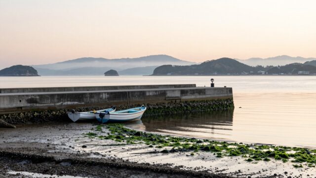 朝の瀬戸内の漁港。大きく潮が引いて岸壁の下半分が濡れた状態で露出し、沖に島影が重なる風景を、水面と同じ高さから広く写した写真