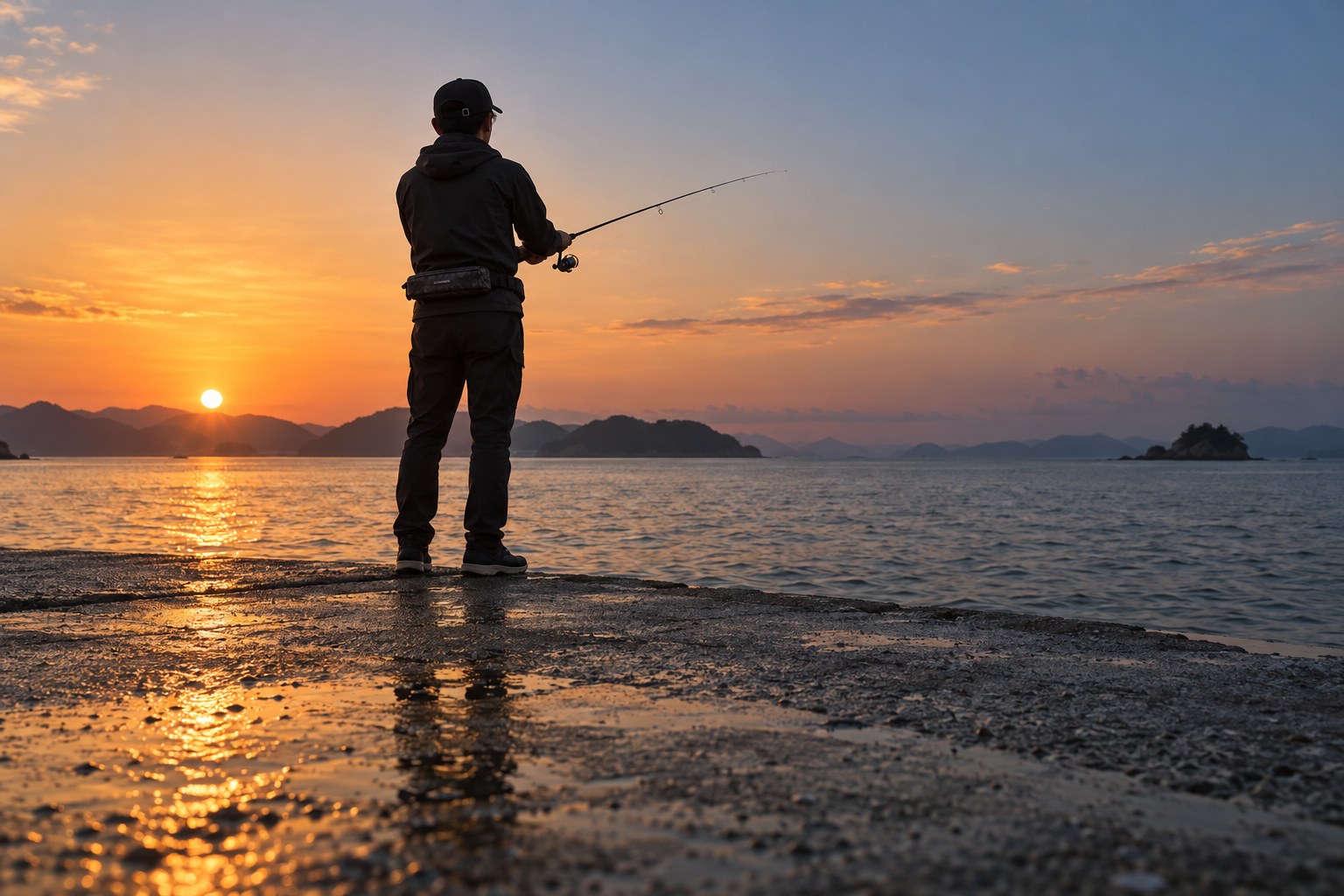 夕方の瀬戸内の堤防で、腰巻きライフジャケットを着けた釣り人が短い竿でちょい投げをする後ろ姿を、コンクリート面に近いローアングルから中景で写した写真