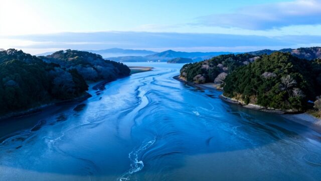 朝の瀬戸内海。島と島にはさまれた水道で、潮の流れが水面に筋をつくっている様子を高い位置から広く見渡した風景